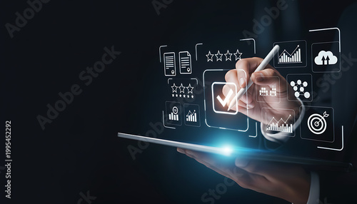 Digital Checklist and Performance Metrics Interface on a Tablet with Glowing Icons