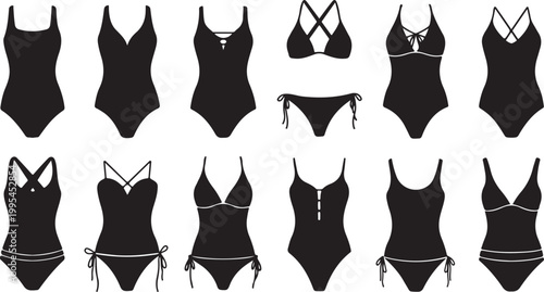 Black swimwear and bikini vector illustrations isolated on transparent background, Vector