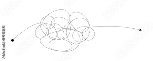 Black tangled scribble line on a clean white background representing complexity and confusion vector. Messy scribble line tangles, chaos transformation, problem solving, stress reduction.  