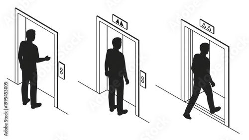 Isometric Elevator Waiting System Workflow Vector Set with Step-by-Step Human Activity Flow in 3 Stages Silhouette Style on Clean White Background