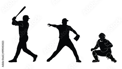 black and white silhouette set of Baseball Player very high quality vector illustration.