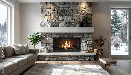 Modern Fireplace- A clean-lined stone fireplace %28off%29 with a neat mantle