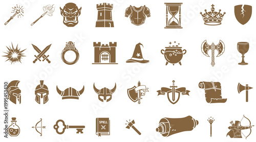 Fantasy Icons Set: Medieval Knights, Magic, and Adventure Elements Vector Illustration 