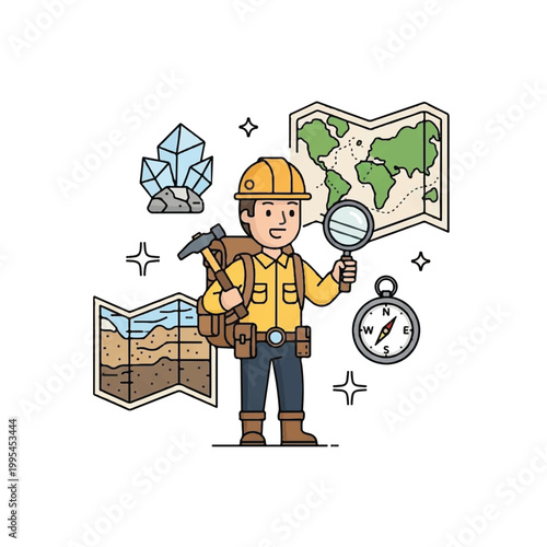 Geologist exploring with tools and maps illustration.