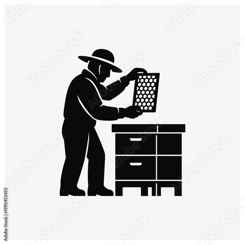 Silhouette of a craftsman measuring blocks of material, suitable for construction or masonry work.