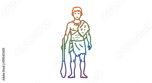 Caveman holding spear, primitive man illustration, ancient human, prehistoric lifestyle, rainbow colors