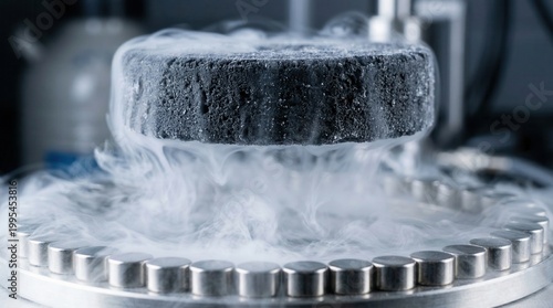 Black superconductor disc levitating above magnets with liquid nitrogen smoke