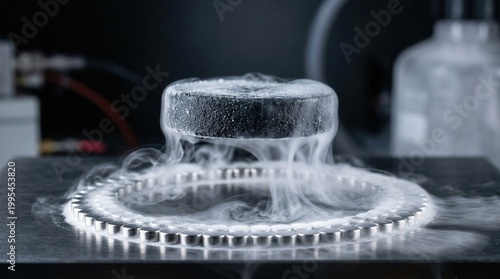 Black superconductor disc levitating above magnets with liquid nitrogen smoke