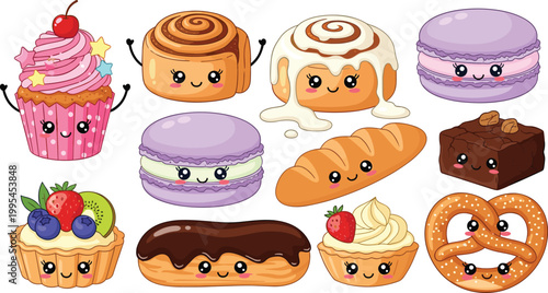 Kawaii Pastry and Dessert Icon Set Featuring Cupcakes, Cinnamon Rolls, Macarons, Brownies, Tarts, Pretzels, and Sweet Treats with Cute Characters
