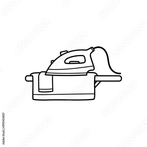 Electric iron on ironing board line art illustration
