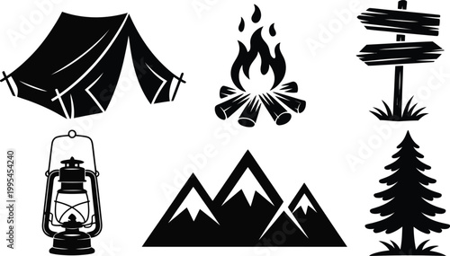 Camping Elements and Outdoor Adventure Silhouette Set