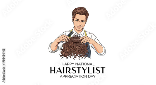 A professional hairdresser appreciation day illustration shows a smiling hair stylist cutting curly brown hair with scissors and a comb against a clean white background in a beauty salon