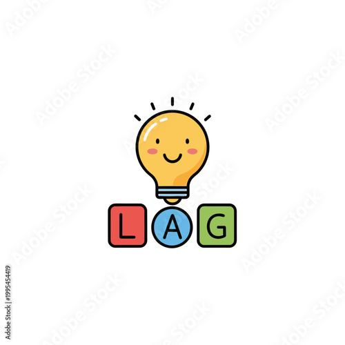 Cute Lightbulb Character with LAG Letter Blocks Vector Illustration