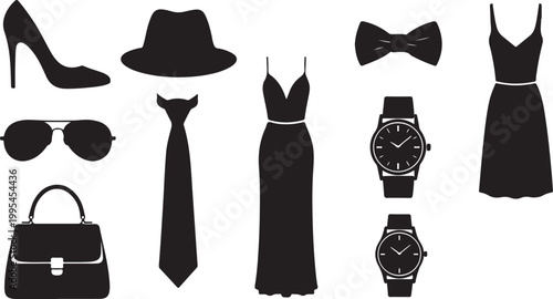 Elegant black formal accessories set flat design isolated on transparent background, Vector