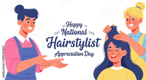 A cheerful cartoon illustration celebrating hairstylist appreciation day shows a smiling stylist welcoming a customer while another works on a client's hair, set against a light background