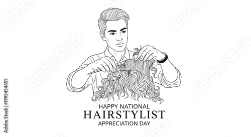 A hairstylist appreciation day illustration shows a salon professional cutting and styling a client's hair with scissors in a beauty salon service, conveying a professional hairdresser