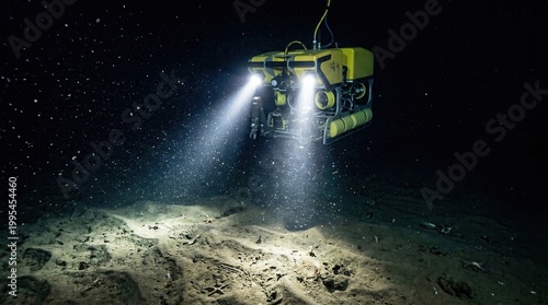 Yellow underwater ROV shining powerful searchlights on deep dark ocean floor