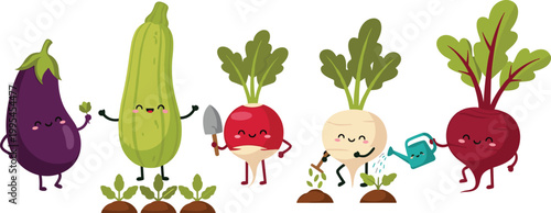 Kawaii Gardening Vegetables Icon Set Featuring Eggplant, Zucchini, Radish, and Beets with Cute, Fun Characters for Food, Gardening, and Nature Designs