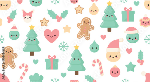 Kawaii Christmas Pattern Featuring Cute Trees, Gingerbread, Snowflakes, Gifts, Candy Canes, and Holiday Icons for Fun, Festive, and Winter Designs