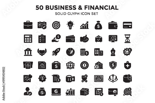 Business and Financial Solid Glyph Icons Set – Banking, Investment, Money, Corporate Vector Icons