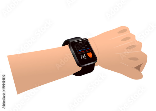 Fitness Smartwatch on Wrist Vector Illustration with Health Tracking UI