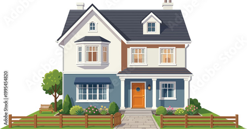 A charming two story suburban house with a light colored facade dark roof and a well maintained front yard