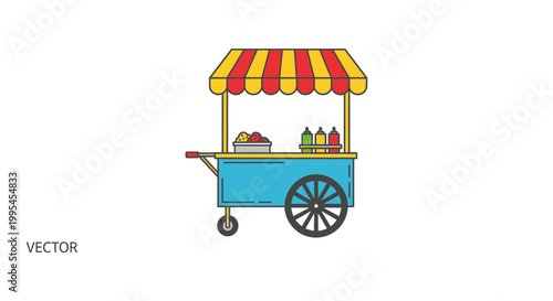 Flat vector illustration of a street food cart with striped awning