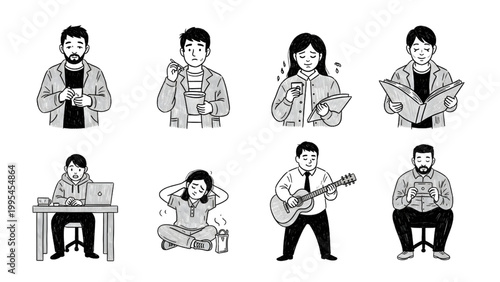 Human Waiting for Friend Emotional Workflow Vector Set with Step-by-Step Activity Flow, Impatient Body Language and Wobbly Sketch Style Illustration on Clean White Background