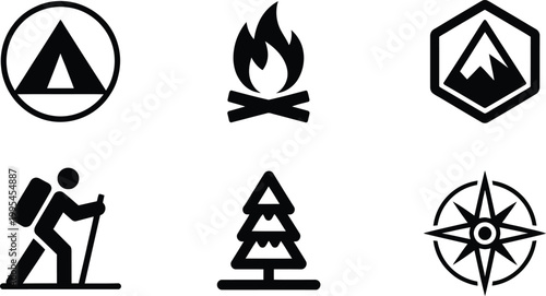 Camping and Hiking Minimalist Silhouette Icon Set