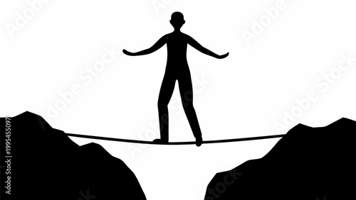 Person balancing on thin line between two cliffs symbolizing risk and challenge