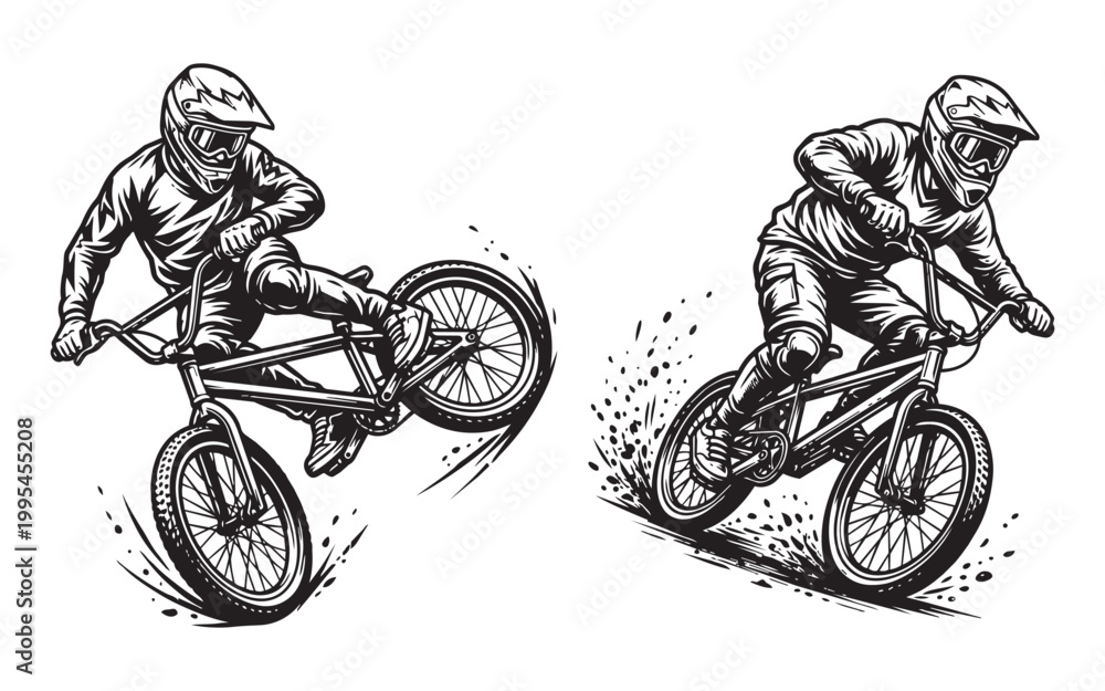 Fototapeta premium BMX Biker Characters Performing Air Tricks and Stunts in the Park
