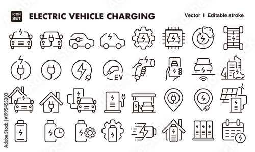 Electric Vehicle and EV Charging Icon Set – Editable Line Style