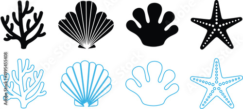 Coral reef life black and teal silhouettes of marine organisms