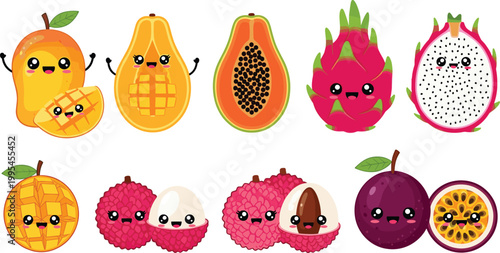 Cute Fruit Cartoon Icon Set Featuring Mango, Papaya, Dragon Fruit, Lychee, and Passion Fruit with Kawaii Characters for Fun, Food, and Kids Designs