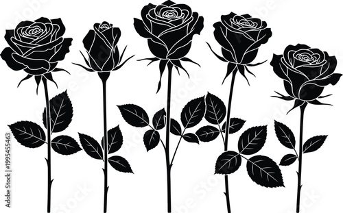 Elegant black and white rose silhouettes on a clean background