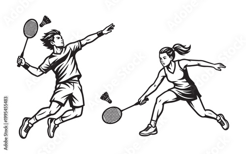 Male and Female Badminton Players in Action Hitting the Shuttlecock