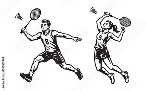 Male and Female Badminton Players in Action Hitting the Shuttlecock