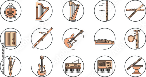 Musical instrument badge icon set with guitar, harp, flute, keyboard and traditional instruments, circular vector collection for music, orchestra and sound design