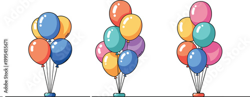 Colorful Helium Balloon Bunch Collection with Three Groups of Party Balloons in Multiple Colors for Birthday, Celebration, and Festive Event Designs