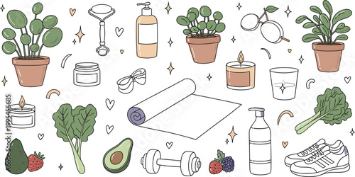 Healthy lifestyle and wellness illustration with yoga mat, plants, skincare, fruits and fitness equipment, balanced self care vector design for exercise and relaxation