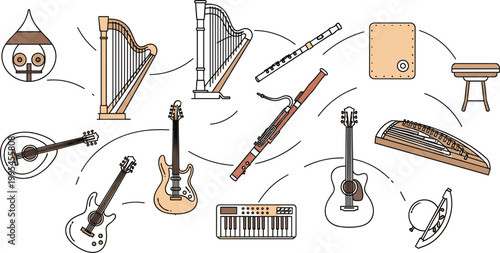 Musical instruments illustration set with guitar, harp, flute, keyboard and traditional instruments, hand drawn vector collection for music, orchestra and culture design