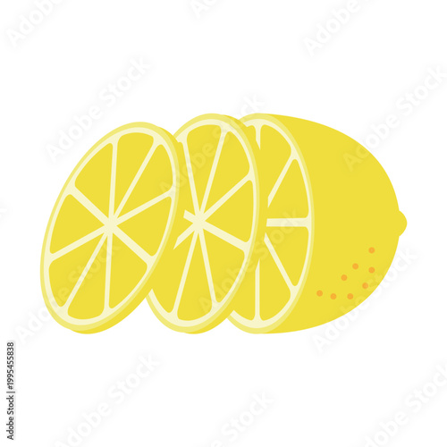 輪切りにスライスされた複数のレモンと半分に切った果実