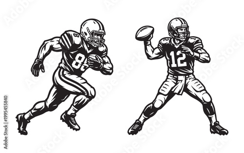 American Football Player Characters Running with Ball and Throwing a Pass