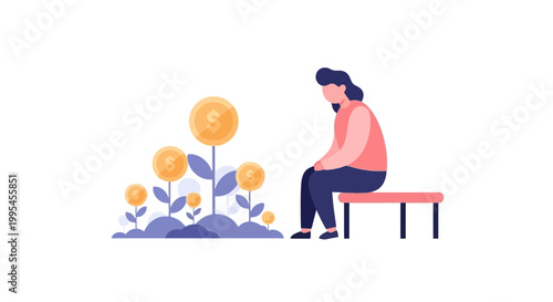Woman Sitting on Bench Near Flowering Plants with Coins and Dollar Symbols