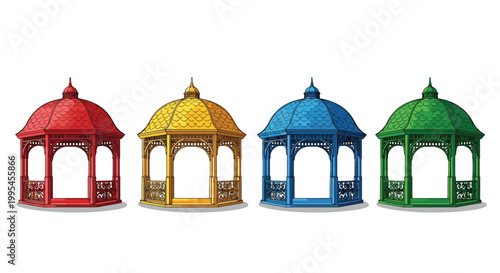 Colorful Victorian Garden Gazebo Set with Ornamental Dome, Arched Columns, and Decorative Railings in Red, Yellow, Blue, and Green for Landscape Designs