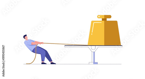 Person Pulling Rope Against Large Weight in a Seesaw Mechanism