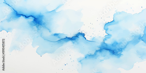 Blue watercolor abstract background features a vintage ink texture and light paint patterns resembling a soft cloudscape and heavenly sky for a serene nature design