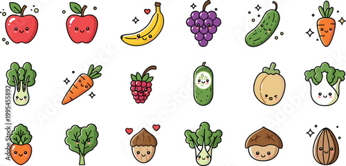 Cute fruit and vegetable cartoon characters set with smiling faces, kawaii healthy food collection including apple, banana, carrot and broccoli vector illustration