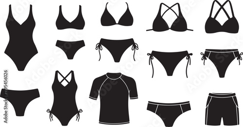 Black swimwear and athletic wear vector set isolated on transparent background, Vector