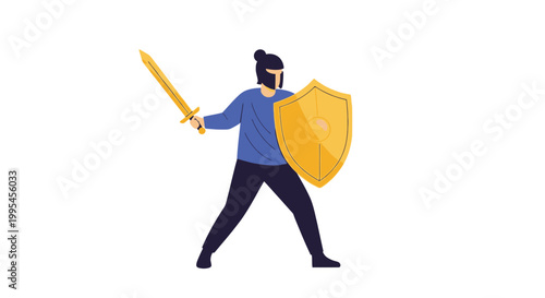 Illustration of a brave knight conquering with sword and shield